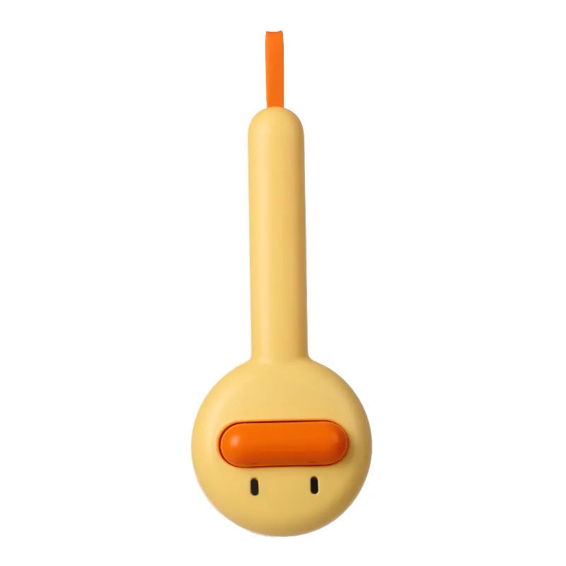 Small yellow duck-shaped pet grooming comb with needle pins and open section design