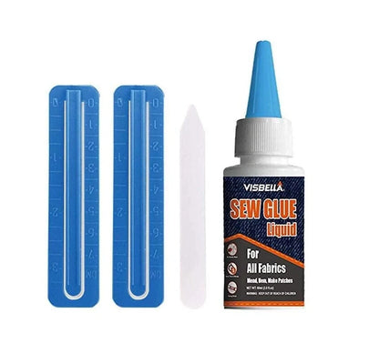 Clothing repair glue kit with two bottles of glue, fixing clips, and applicator pen for easy fabric repairs