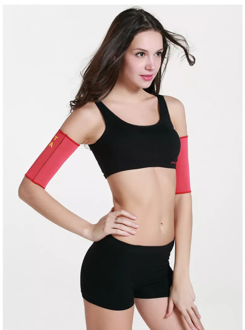 Women's Sauna Arm Slimming Sleeve Wraps in black and red for weight loss and arm shaping