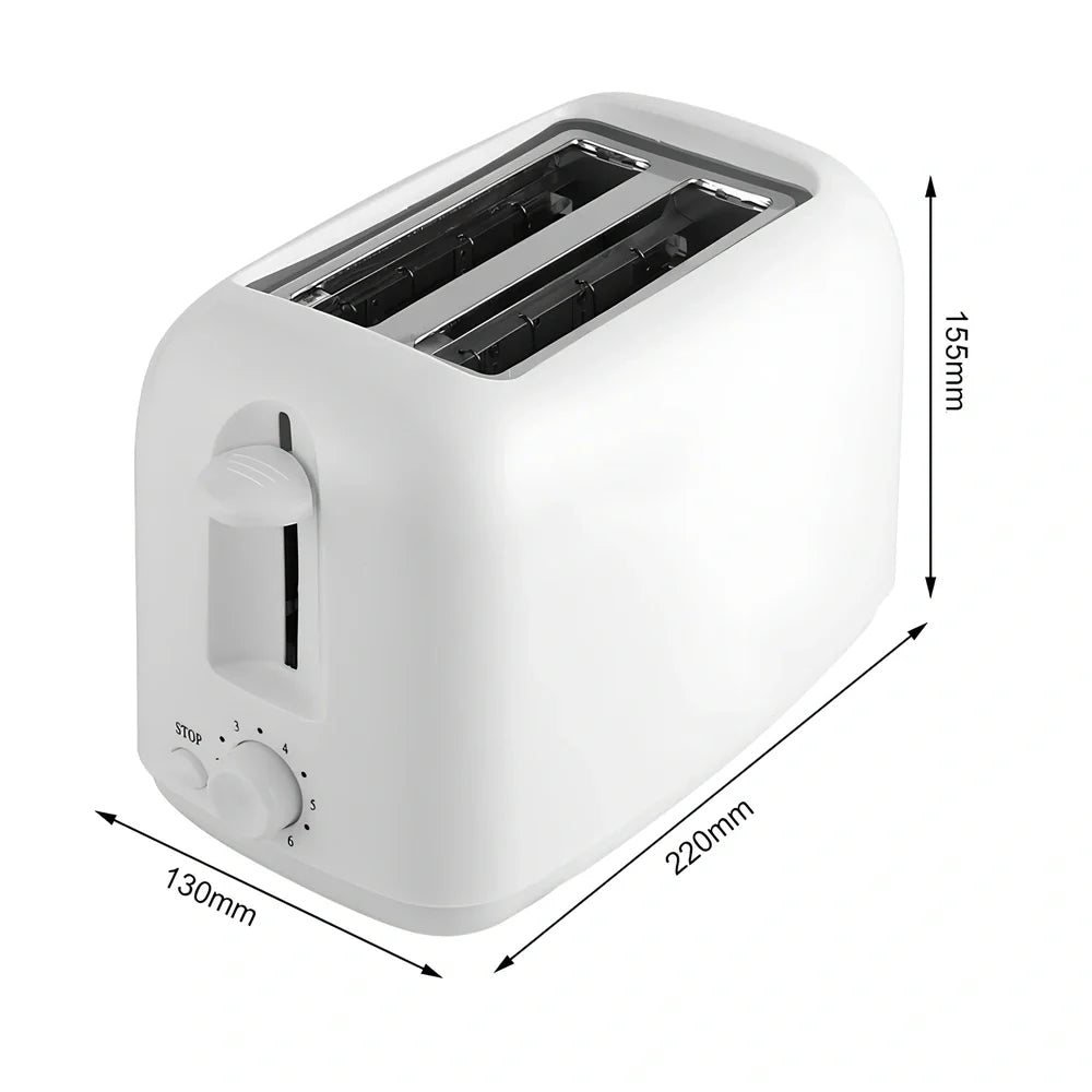 White automatic toaster with six heat settings and stainless steel interior measuring 23cm wide