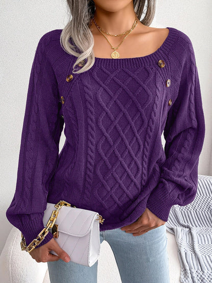 A stylish knitted sweater with a square neckline and button accents, available in a variety of trendy colors for a cozy and fashionable winter look.