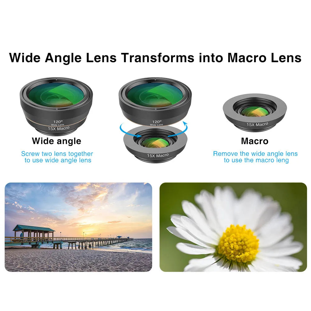 Six smartphone camera lenses including fisheye, macro, telephoto, wide-angle, CPL and star filters with aluminium housings