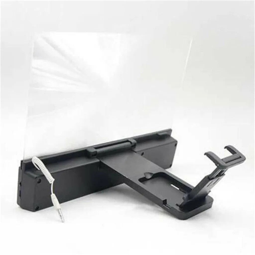 Mobile phone screen amplifier with speaker on a gooseneck stand, magnifying a smartphone display on a table.
