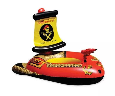 Inflatable pirate-themed pool mat with water gun for kids, made from durable PVC