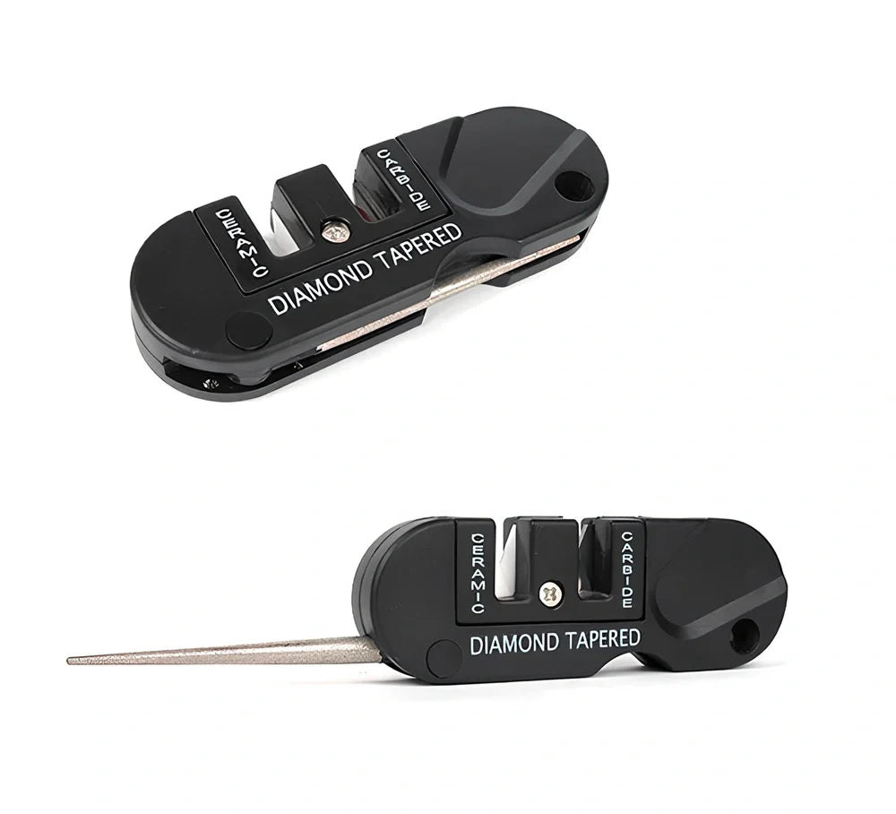 Black Pocket Pal knife sharpener showing carbide blades, ceramic stones, and tapered diamond rod on 3.5-inch compact unit