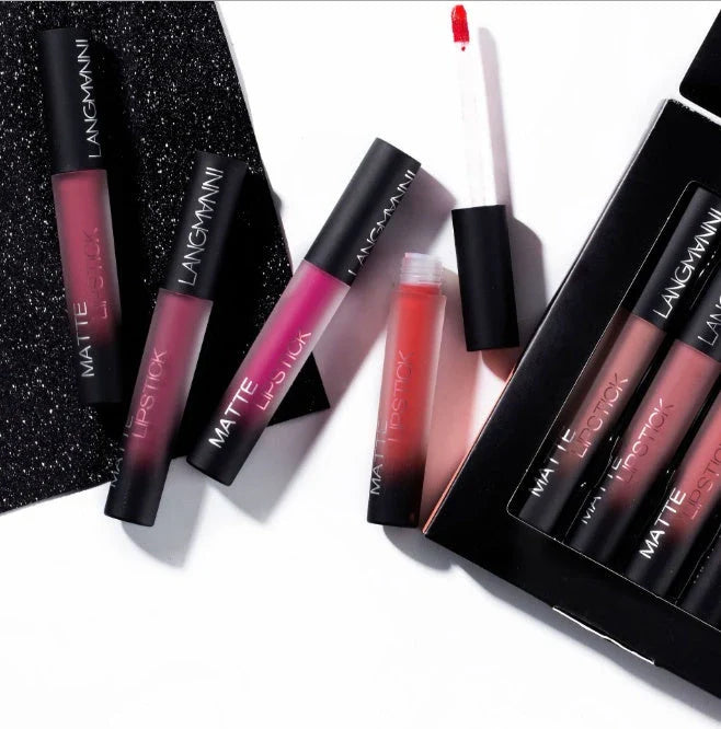 Matte velvet lipstick set with 12 vibrant, long-lasting shades in sleek, travel-friendly packaging