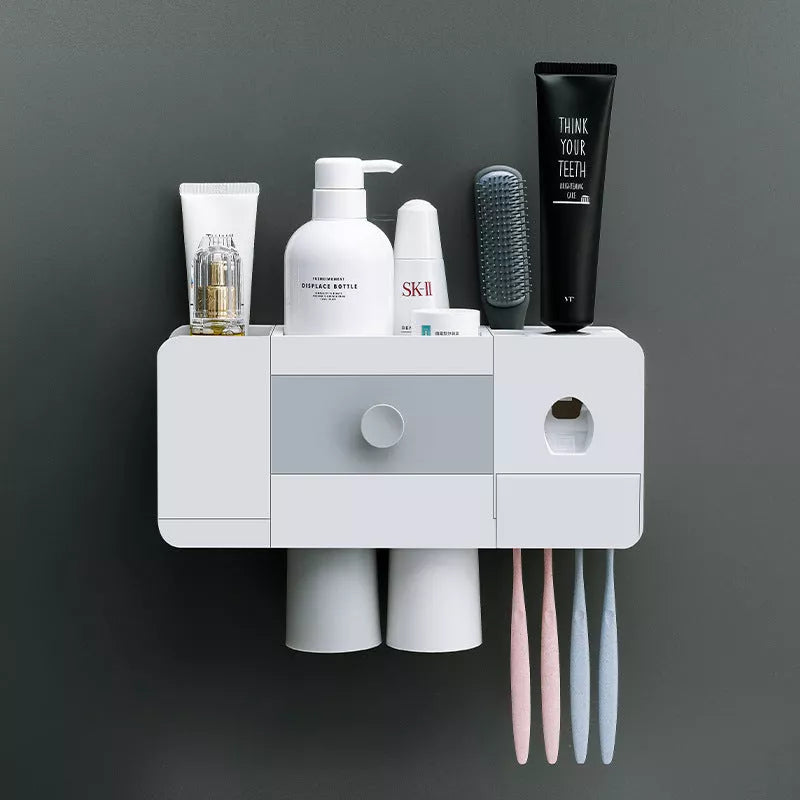 Wall-mounted magnetic toothbrush rack with automatic toothpaste dispenser in white plastic