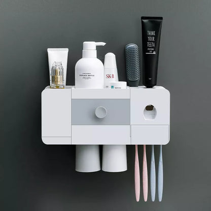 Wall-mounted magnetic toothbrush rack with automatic toothpaste dispenser in white plastic