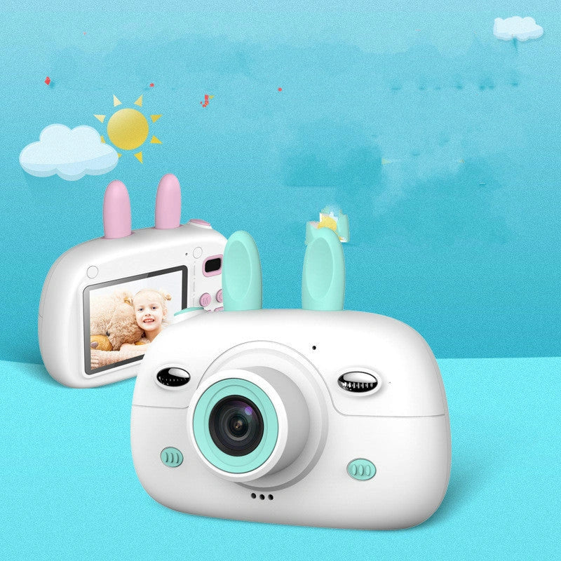 Cartoon rabbit video recorder with 1080P dual camera in pink and green options