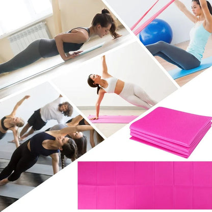 Blue folding yoga mat showing zipper system and handles with 173cm length measurement