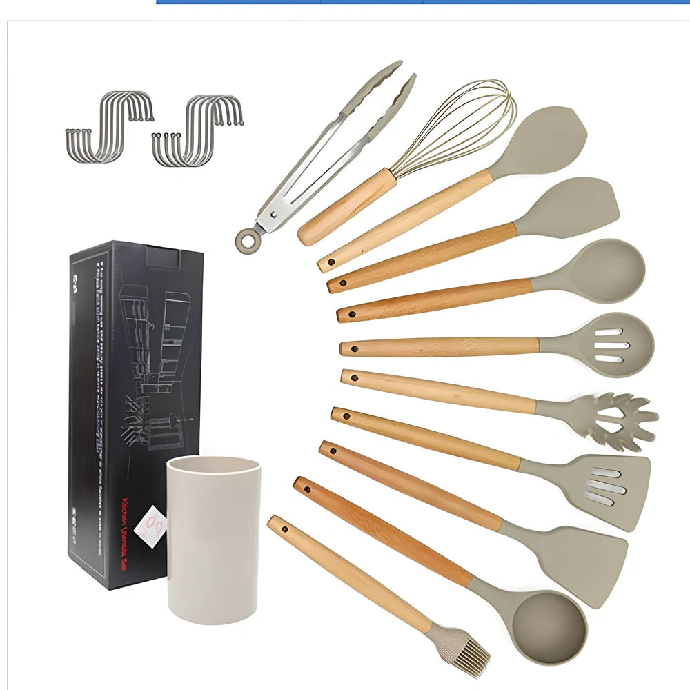 11-piece silicone kitchen utensil set with beech wood handles including cooking spoons and shovels