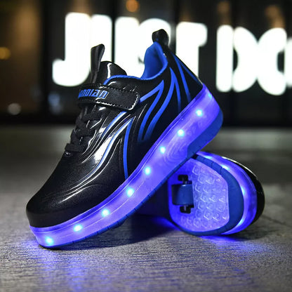 Light Charging Pulley Shoes with Double Wheels in Black Blue, White Black, and White Powder