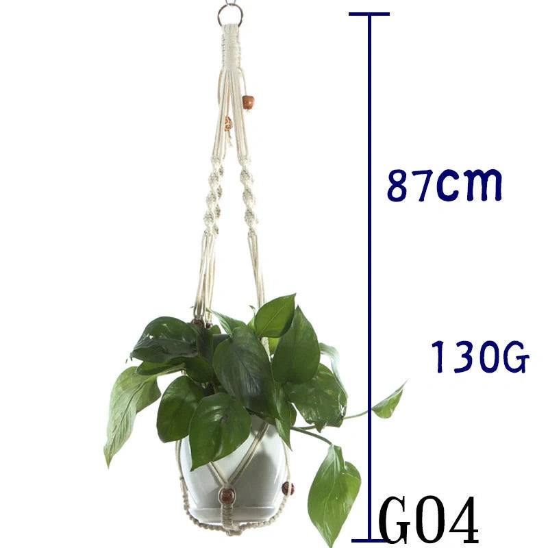 Beige cotton rope hanging basket with various styles for indoor plant display