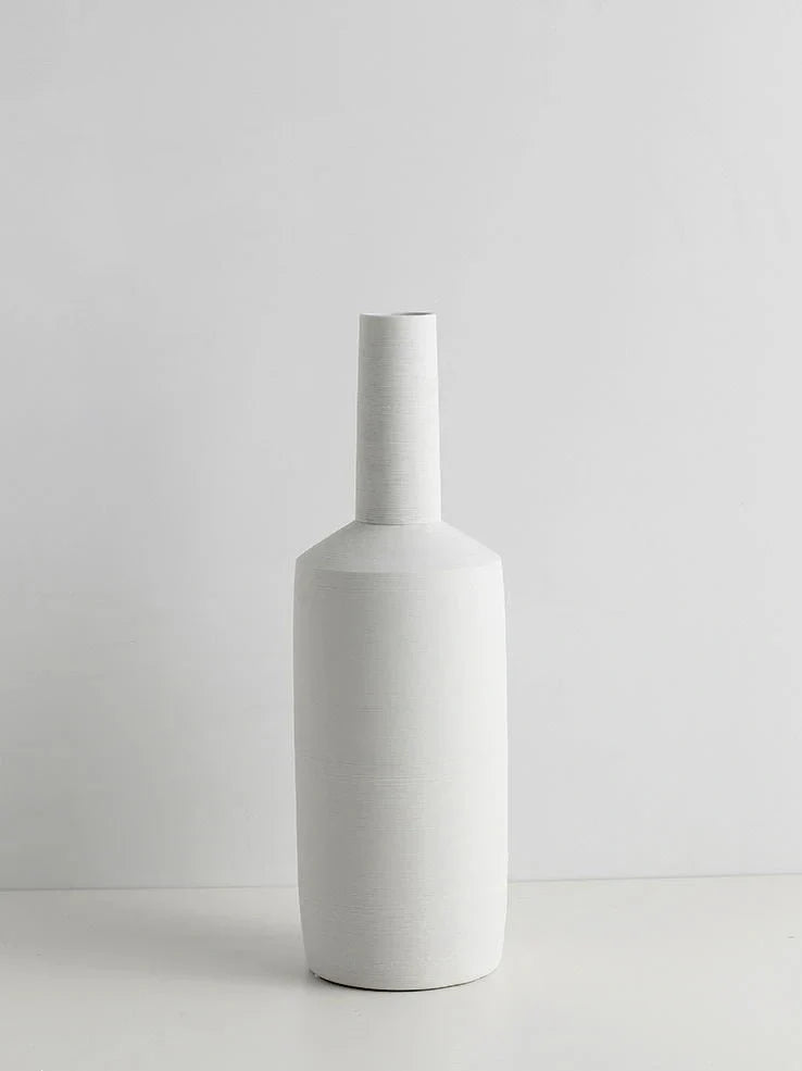 Nordic style ceramic vase with wire drawing textured surface in neutral colour with unburnt matte finish