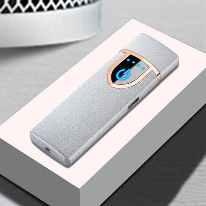 USB rechargeable double arc lighter in zinc alloy with ice noodle finish, 73x35x11mm, available in six colours