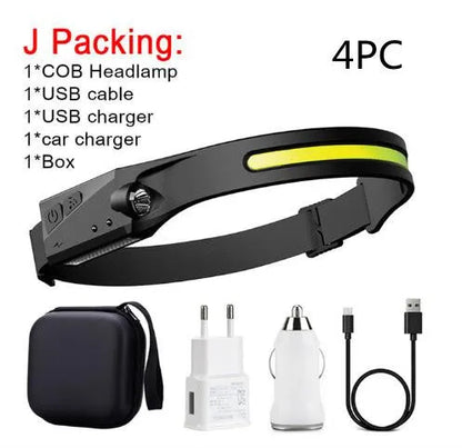 Black silicone USB rechargeable headlamp with a wide COB LED lens and a side wave sensor.