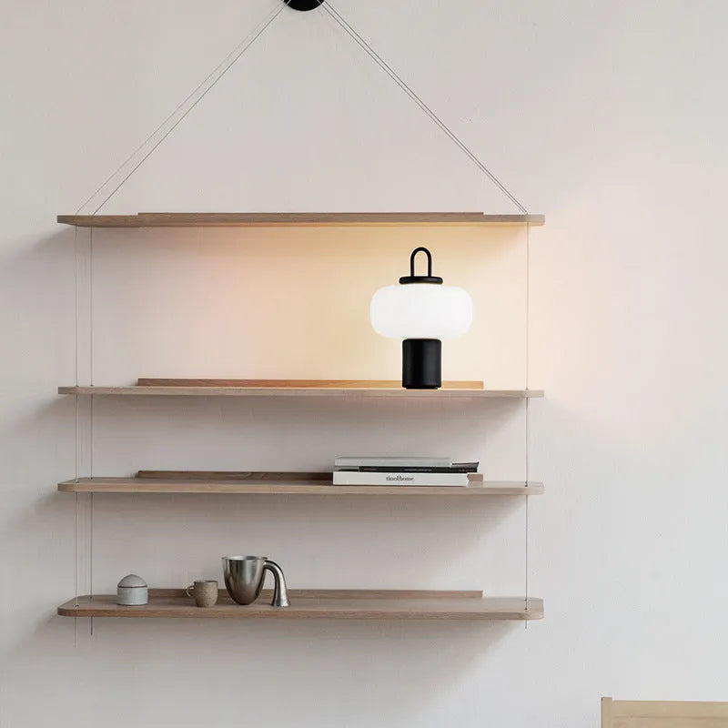 Minimalist Japanese glass bedside table lamp with warm light, 230x330mm dimensions, and UK plug on a children's nightstand.