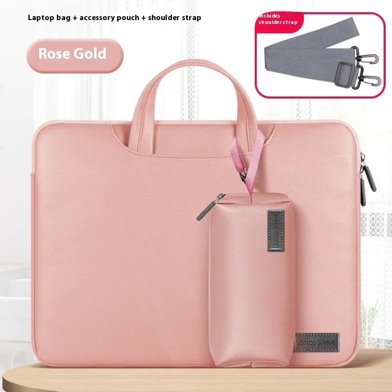 Black leather laptop bag with integrated power bank for 13-16 inch notebooks showing dimensions