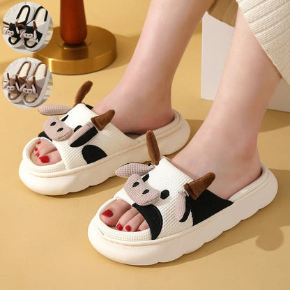 Cartoon Cow Frog Slippers with non-slip soles and linen uppers