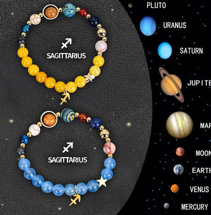 Twelve Zodiac Sign beaded bracelet set with natural stone beads on adjustable cord, showing two bracelets for mix-and-match styling.