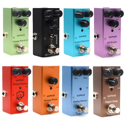 SAPHUE mini electric guitar effects pedal with aluminium alloy casing, true bypass, 1/4 inch jacks and 9V DC power