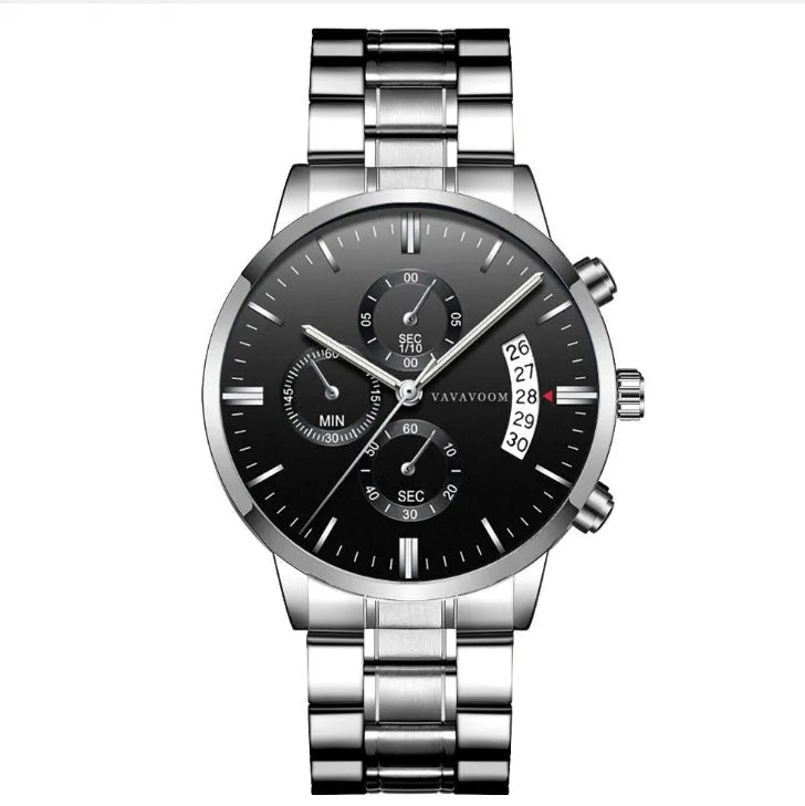 Men's stainless steel quartz watch with black dial and calendar display showing 43mm diameter case
