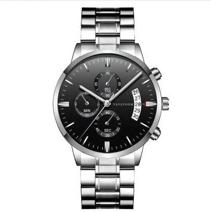 Men's stainless steel quartz watch with black dial and calendar display showing 43mm diameter case