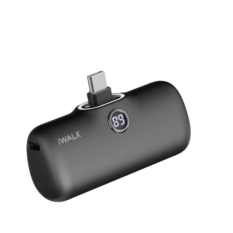 Compact lipstick-style power bank showing screen display with battery percentage, measuring 78mm x 51mm x 25mm