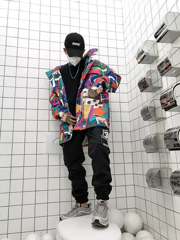 Graffiti Trench Coat in 100% cotton with unique urban design, available in multiple sizes