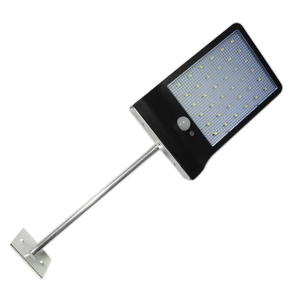 Black and white solar garden light with 36 LEDs, mounting rod option, automatic dusk operation