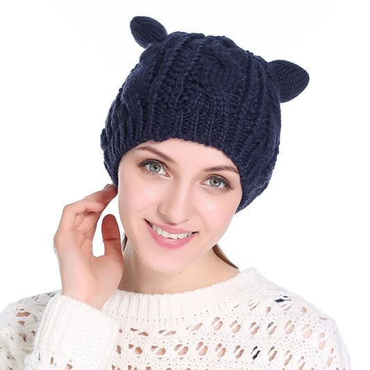 Cozy Cat Ear Knit Beanie in various colors for autumn and winter warmth
