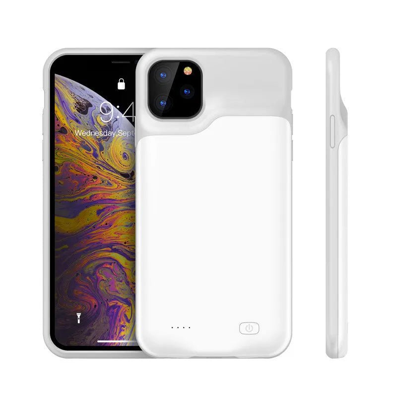 Shockproof silicone iPhone battery charger case in black, blue, pink, or white with high-capacity battery