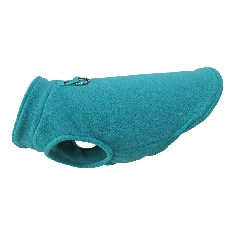 Polar fleece dog waistcoat in solid colour on small dog showing side-open design