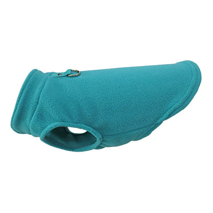 Polar fleece dog waistcoat in solid colour on small dog showing side-open design