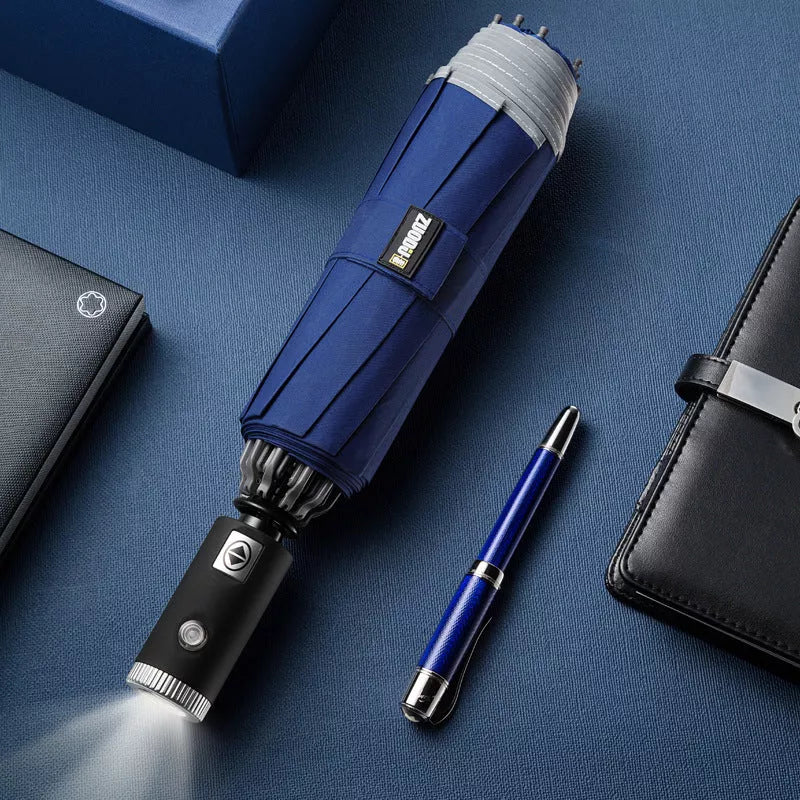 LED flashlight folding umbrella in gray, blue, black, or red with reflective angel ring for night safety