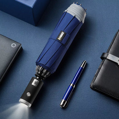 LED flashlight folding umbrella in gray, blue, black, or red with reflective angel ring for night safety