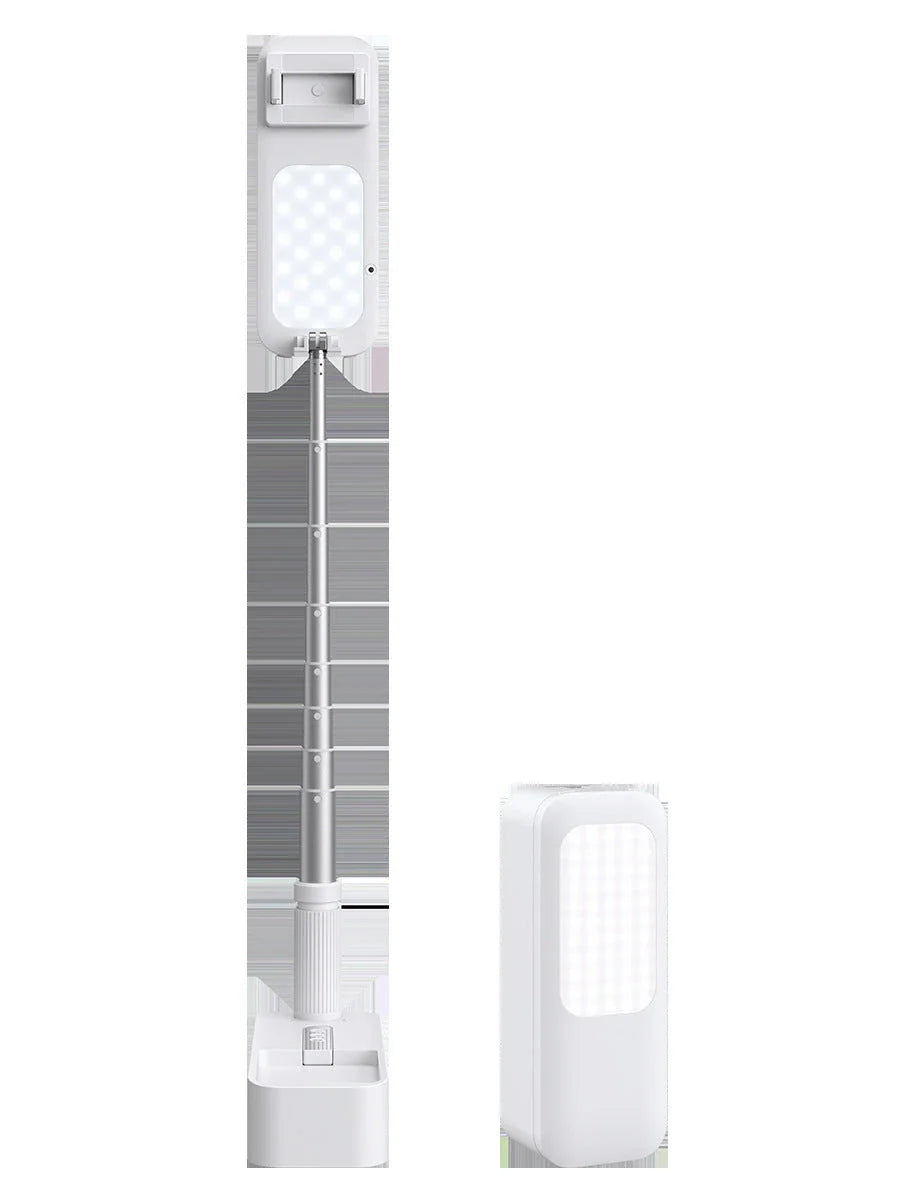 Premium adjustable selfie stick with Bluetooth remote control and built-in ring light for capturing professional-quality photos and videos