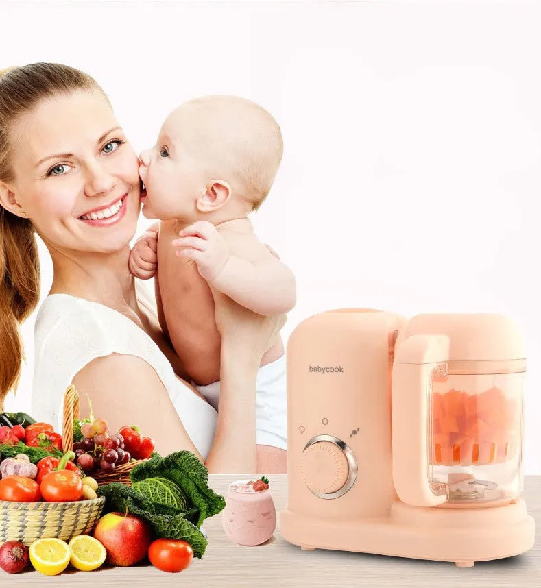 Baby food processor with steamer and blender for homemade infant meals, featuring dual mixing blades for meat mincing and vegetable chopping, made from food-grade materials with low noise operation, 10-litre capacity, available in green or pink colour