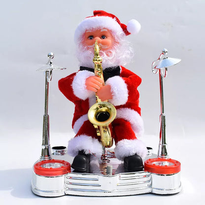 Electric Santa Claus Music Doll playing saxophone, guitar, and drums for holiday decoration