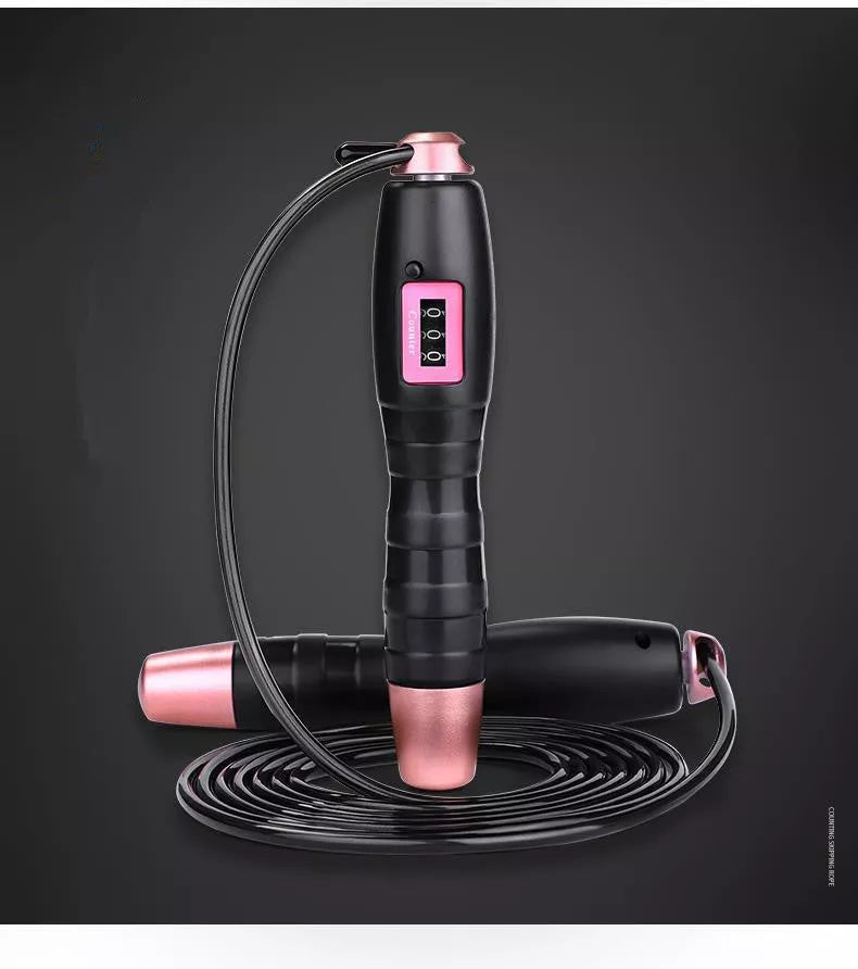 Adjustable digital skipping rope with black and pink options, featuring a digital counter
