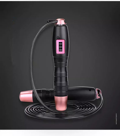 Adjustable digital skipping rope with black and pink options, featuring a digital counter