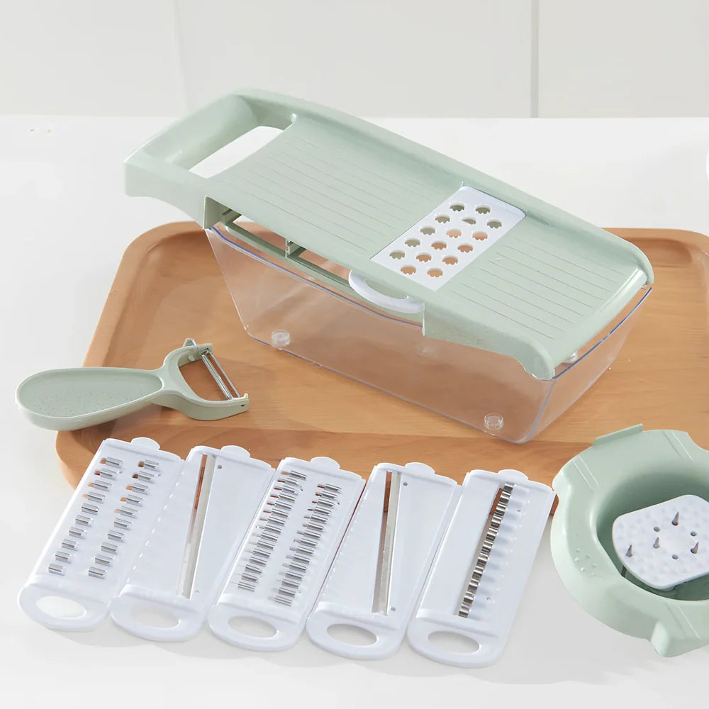 Brown multi-function vegetable chopper with stainless steel blades and safety protector, 28 cm long for slicing onions