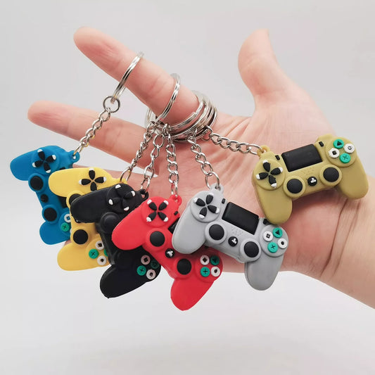 Simulation Toy Game Machine Car Keychain in blue, grey, yellow, and green