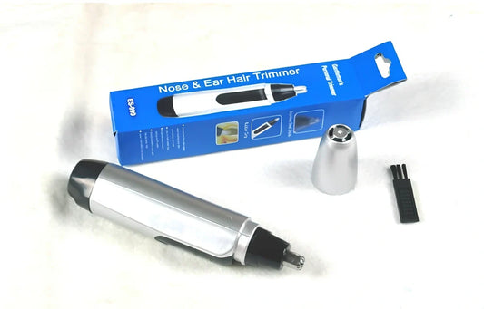 Electric nose hair trimmer with blue rubberised grip and stainless steel cutting head