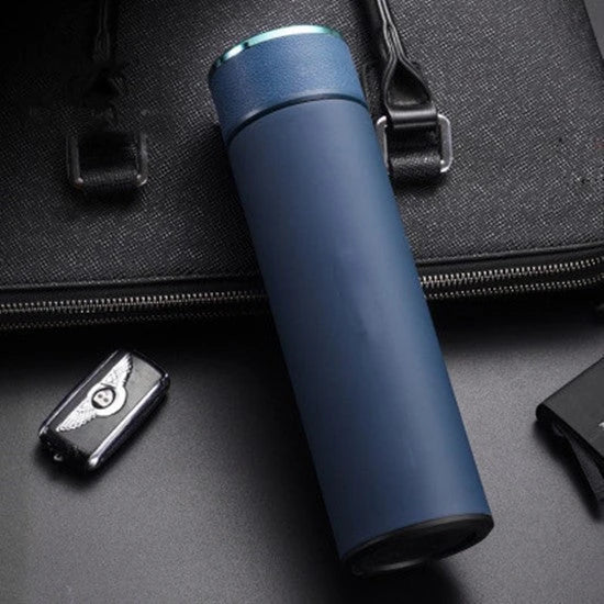 Ergonomic business travel mug with temperature display, made of durable stainless steel in black, red, and blue colors