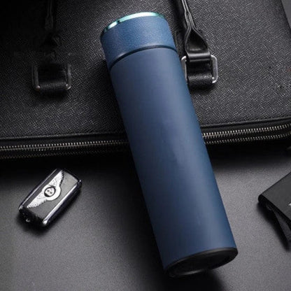 Ergonomic business travel mug with temperature display, made of durable stainless steel in black, red, and blue colors