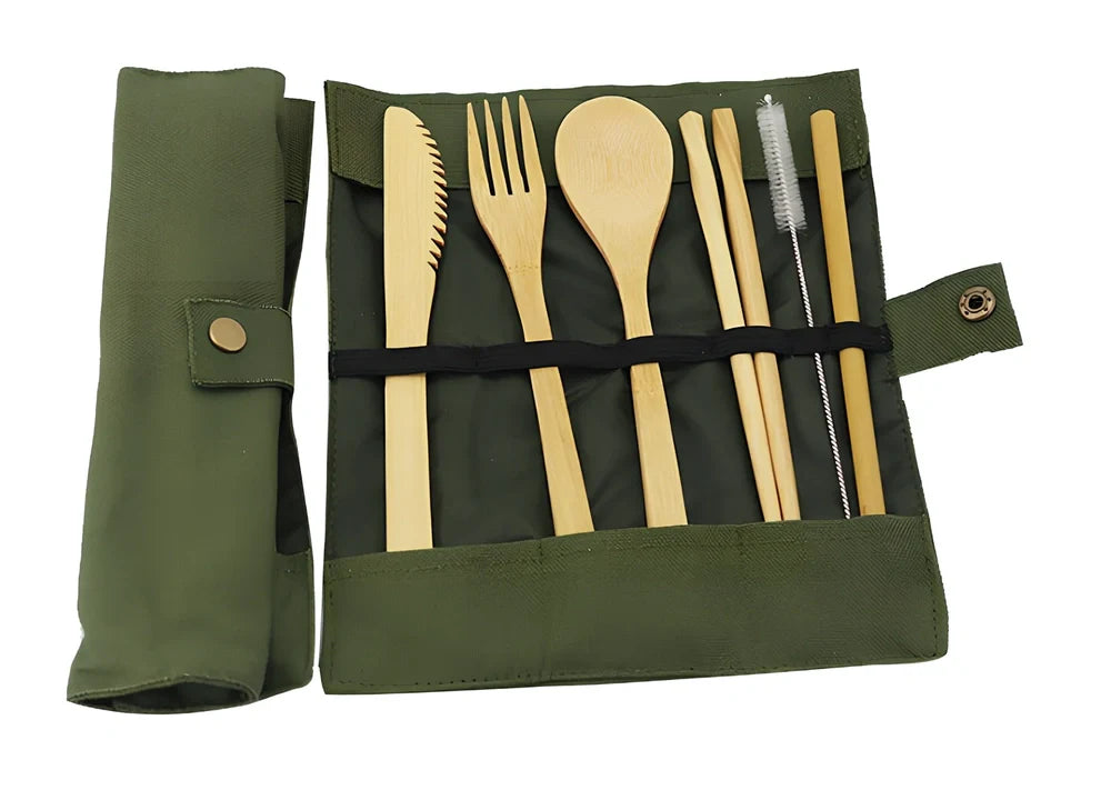 Bamboo travel cutlery set with 7 Japanese-style utensils in carrying pouch for sustainable dining