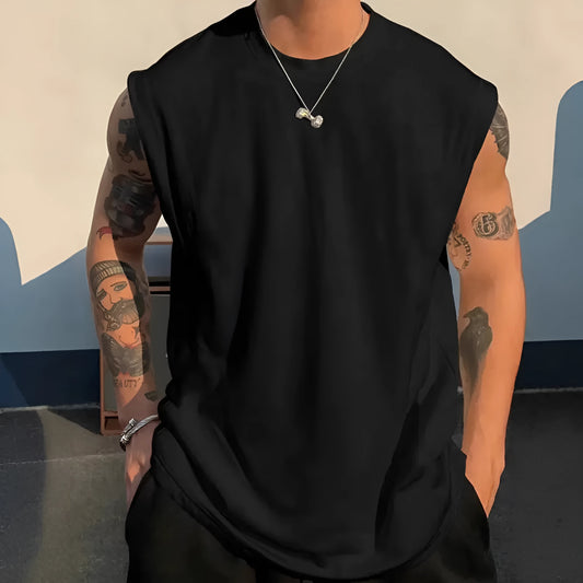 Men's loose solid colour cotton sleeveless tank top on a hanger.