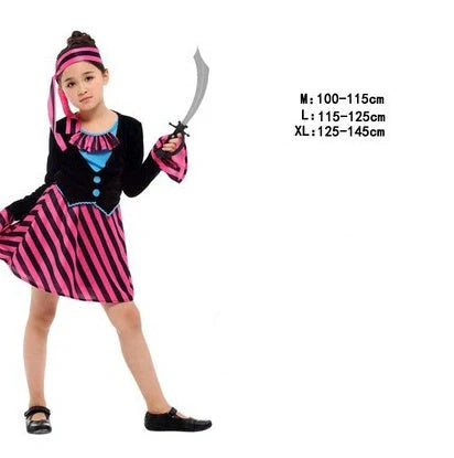 Halloween children's pirate costume with multiple character options and sizing guidance