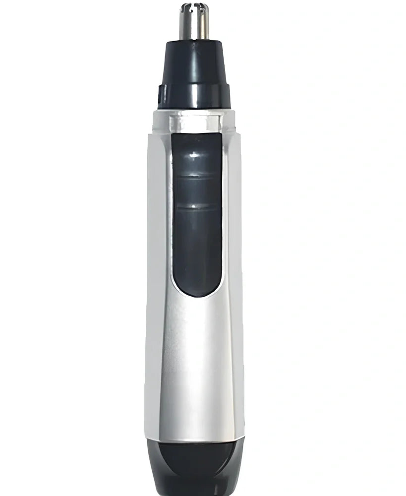 Electric nose hair trimmer with blue rubberised grip and stainless steel cutting head